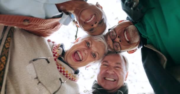 Senioren, cirkel en portret hieronder in een park met hechting, glimlach en gezicht voor wellness outdoor. Gemeenschap, solidariteit en bejaarde vrienden voelen zich gek met komedie op vakantie reizen met pensioen. - Video