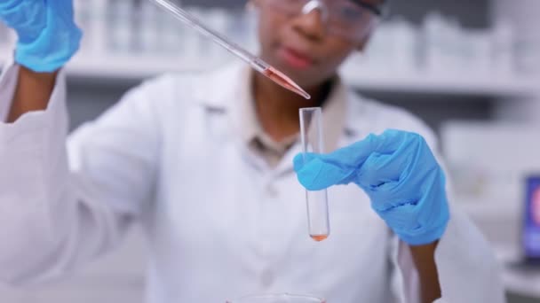 Hands of woman, test tube and scientist with pipette for research, investigation and chemical liquid. Closeup, science expert and dropper for chemistry, medicine and vaccine development in laboratory. - Footage, Video