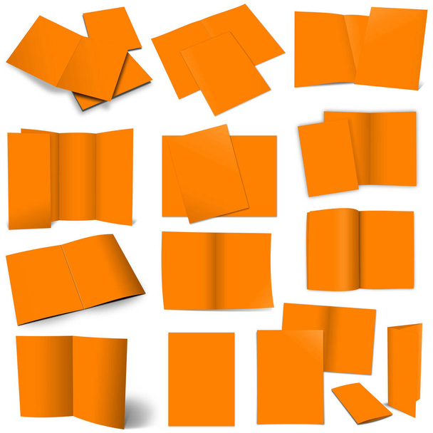 Trzynaście pomarańczowych broszur dotyczących układów i wzornictwa prezentacji. Renderowanie 3D. Cyfrowo wygenerowany obraz. Izolacja na białym tle. - Zdjęcie, obraz
