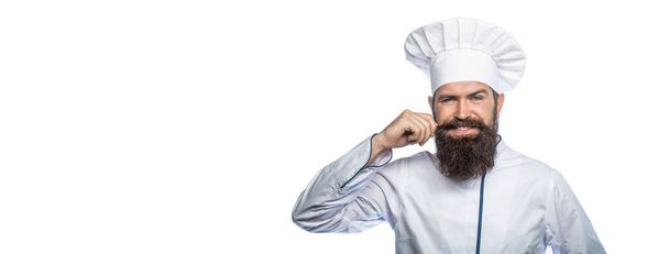 Vousatí kuchaři izolovaní na bílém. Portrét šťastného kuchaře. Klobouk. Vousatý kuchař, kuchař nebo pekař. - Fotografie, Obrázek