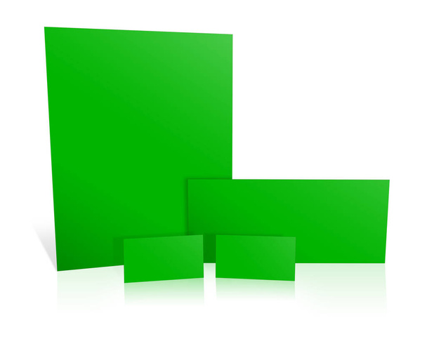 Modelo em branco de papel promocional verde para layouts de apresentação e design. Renderização 3D. Imagem gerada digitalmente. Isolado sobre fundo branco. - Foto, Imagem
