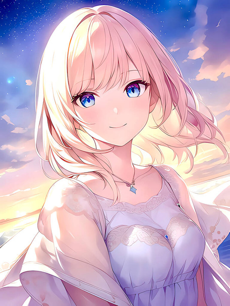 красива молода жінка з довгим волоссям і рожевими квітами на фоні зоряного неба - Фото, зображення