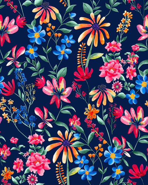 Watercolor flowers pattern, colorful tropical elements, green leaves, navy blue background, seamless - Photo, Image