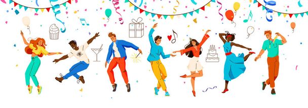 Ihmiset juhlivat vektoritaustaa. Onnelliset naiset ja miehet juhlivat syntymäpäivää konfetilla, ilmapalloilla, juhlahatuilla, kakulla. Joulujuhlan konsepti. Juhlaidea. Tasainen moderni väri kuva. - Vektori, kuva
