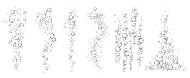 Burbujas de agua carbonatada. Flujo de burbujas dispersas de aire fizzing bajo el agua para bebidas espumosas aireadas. Esferas flotantes de oxígeno efecto visual vector ilustración de oxígeno líquido bajo el agua - Vector, imagen