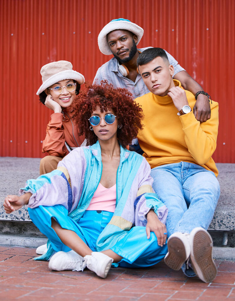 Friends, fashion and gen z, people in portrait and diversity, relax on sidewalk and casual, cool and young. Students, urban streetwear style and friendship, trendy clothes and together outdoor. - Fotografie, Obrázek