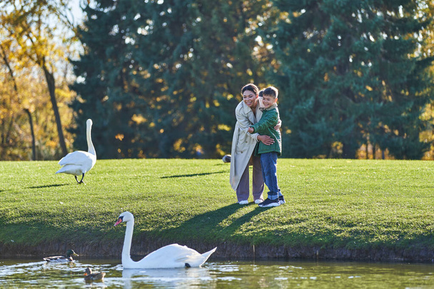 feliz afro-americana mãe e filho olhando para cisnes no lago, natureza, moda outonal, outerwear - Foto, Imagem
