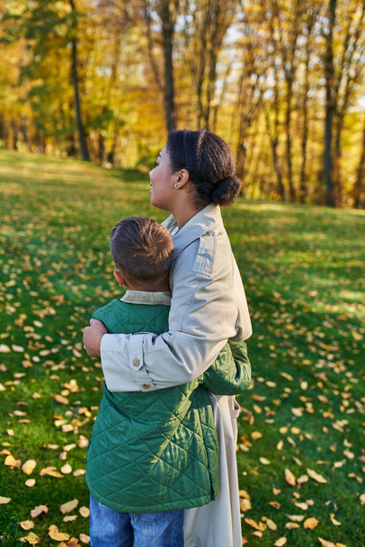 motherly love, back view, african american woman hugging cute son, standing near golden leaves - Foto, Imagen