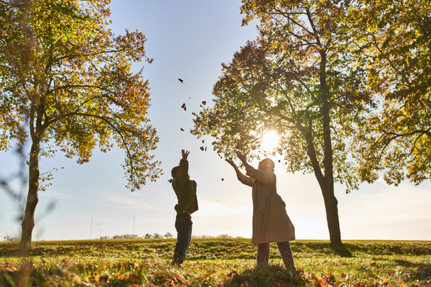 silhouette of mother and child throwing autumn leaves, park, fall season, having fun, woman and boy - Photo, Image