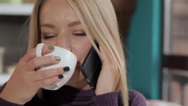 Pretty girl holding cellphone near her ear at the cafe. Close up of young caucasian woman smiling while talking on the phone. Attractive blond woman holding smartphone in one hand and white cup in - Footage, Video
