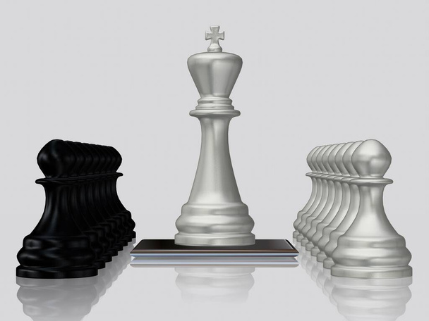 Silver Chess King με πιόνια κατά των μαύρων πιονιών, λευκό φόντο, μοναδικό σχεδιασμό, ταπετσαρία - Φωτογραφία, εικόνα
