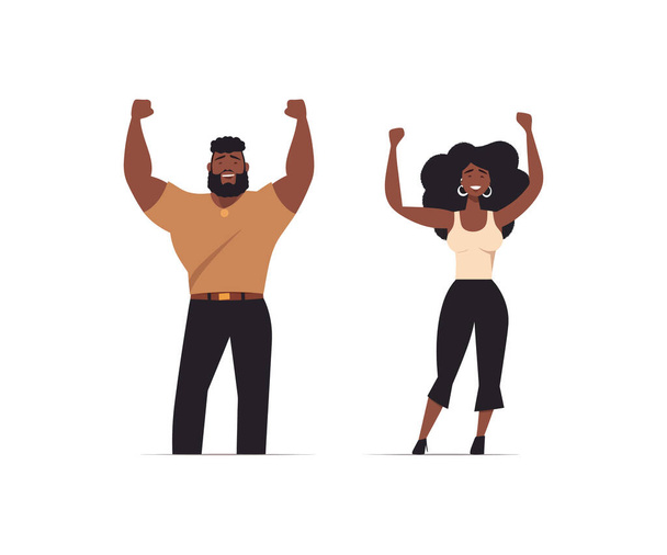 アフリカ人男性と女性が手を挙げて楽しんでいます. ベクトルイラストデザイン. - ベクター画像