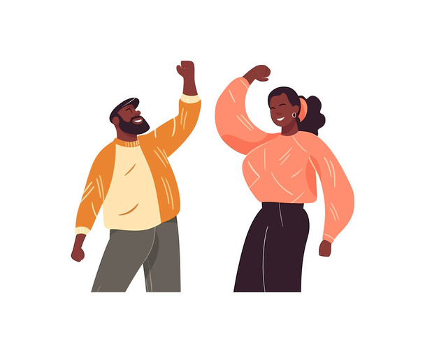 L'homme et la femme africains s'amusent les mains en l'air. Illustration vectorielle. - Vecteur, image