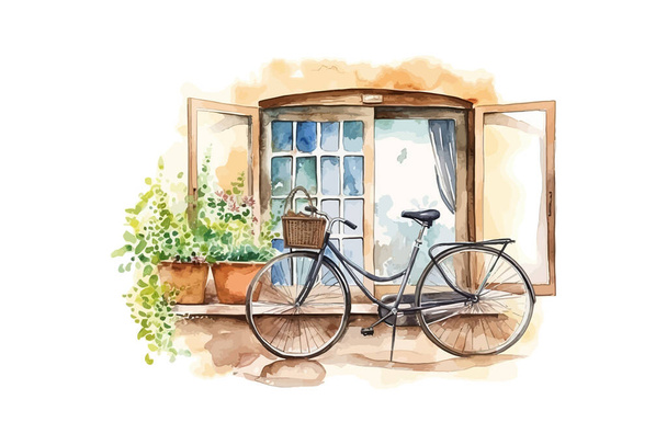 Pencerenin altında suluboya eski bir bisiklet. Vektör illüstrasyon tasarımı. - Vektör, Görsel