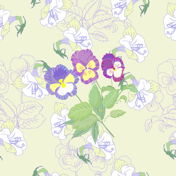 Seamless pattern  with flowers and pansies - Vector, Imagen