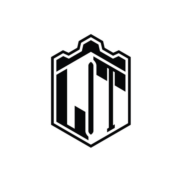 LT Harfi Logosu monogram altıgen kalkanı şekilli taç kale geometriği ana hatlı tasarım şablonu - Fotoğraf, Görsel
