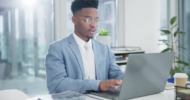 Online, research and business with black man and laptop in office for planning, website and email. Communication, network and internet with employee in agency for technology, information or proposal. - Footage, Video