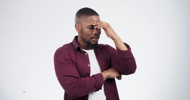 Stress, depression and sad black man in studio with doubt, mistake or choice fail on grey background. Anxiety, disaster and African male model confused by ptsd memory, trauma and mental health crisis. - Footage, Video
