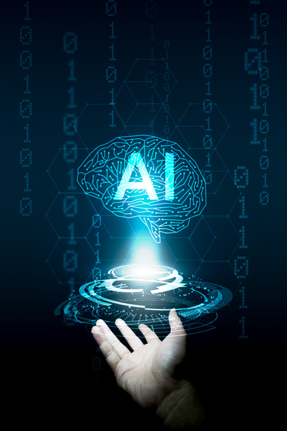 hersenen circuit op open hand.Kunstmatige Intelligentie of AI hersenen analyse informatie.Technologie en wetenschap concept, machine learning systeem.Hi-tech en futuristische wereld.Digital concept achtergrond. - Foto, afbeelding