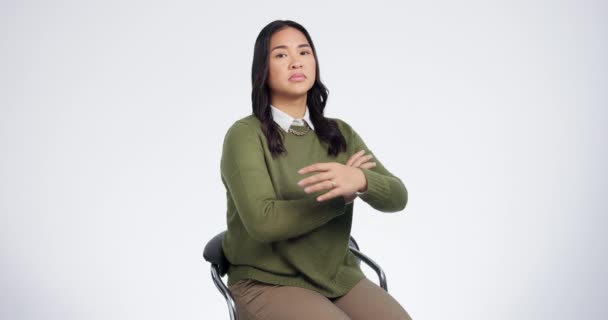 Serious, arms crossed and face of business woman in studio for professional, pride and manager. Creative, entrepreneur and designer with portrait of person on white background for career and mission. - Footage, Video