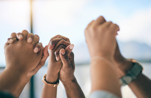 Hands, support and motivation with a business team in their office for success, unity or solidarity. Target, teamwork or collaboration with an employee group at work for partnership or celebration. - Photo, Image