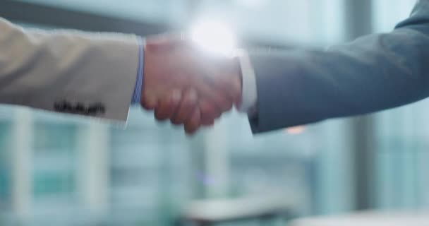 Business people, shaking hands and meeting, introduction or welcome to partnership deal and b2b opportunity. Corporate clients with handshake of recruitment, onboarding or job interview in lens flare. - Footage, Video