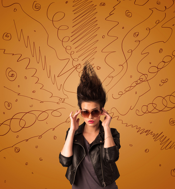 Excited young woman with extreme hairtsyle and hand drawn lines - Foto, imagen