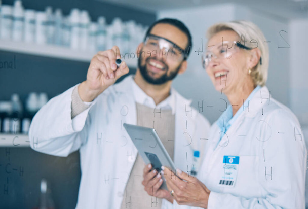 Tablet, science and research team writing on glass in the laboratory for planning on innovation. Healthcare, medical and scientist doctors in a lab to study a formula together for future development. - Photo, Image