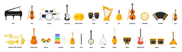 Set di strumenti musicali con nomi. Chitarra, pianoforte, violino, batteria, ecc. Vettore. - Vettoriali, immagini