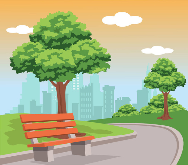 Parque de la ciudad con árboles verdes y hierba, banco de madera, linternas y edificios de la ciudad en el horizonte - Vector, Imagen