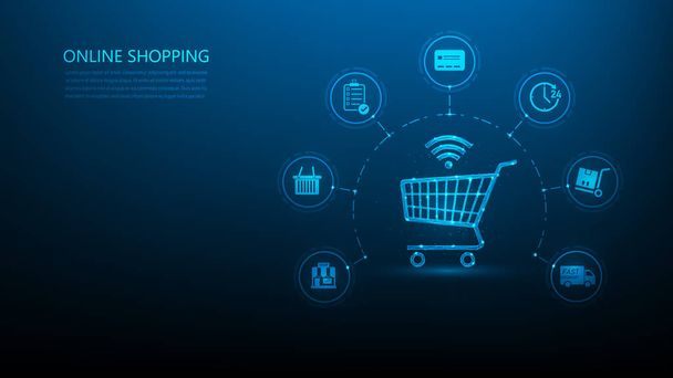 winkelwagen online shopping technologie met pictogram op blauwe achtergrond. digitaal concept voor levering via e-commerce. vector illustratie fantastisch ontwerp. - Vector, afbeelding