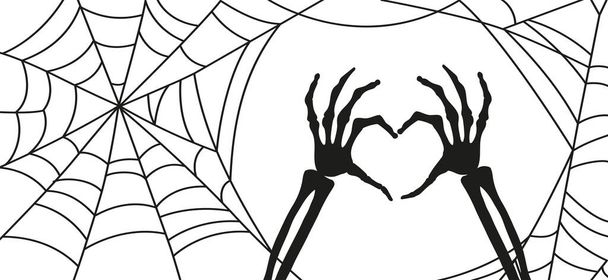 ハロウィーンの背景。 スパイダーウェブとハートシンボルを示すハンドボーン - ベクター画像
