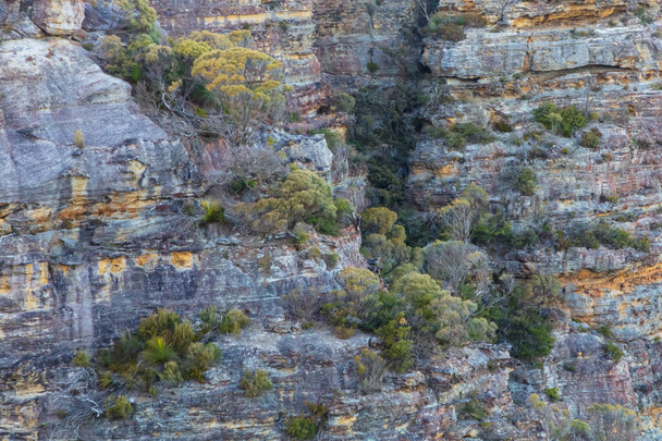 Dağların engebeli ve kayalık yüzeyinin fotoğrafı Avustralya 'nın Yeni Güney Galler' indeki Mavi Dağlardaki Megalong Vadisi. - Fotoğraf, Görsel
