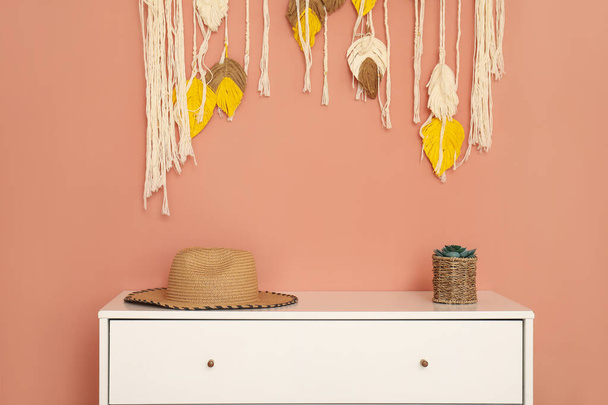 Renkli duvarın yanındaki çekmecelerde şık bir şapka ve ev bitkisi. - Fotoğraf, Görsel