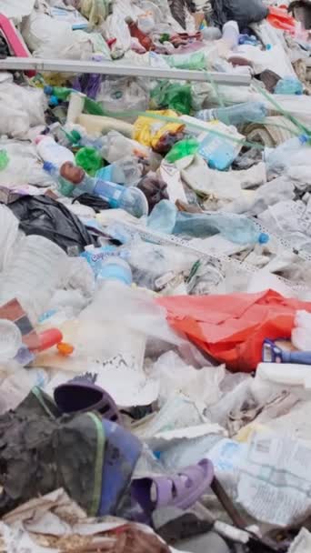 Spazzatura di plastica sulle rive dell'Oceano Indiano. Il concetto di inquinamento ambientale e catastrofe ambientale. Montagne di spazzatura, catastrofe per la natura. Video verticale - Filmati, video