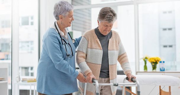 Rehabilitation, walker or doctor nursing old woman in retirement or hospital for wellness or support. Learning, caregiver helping or elderly patient with walking frame in physical therapy recovery. - Photo, Image