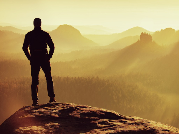 Турист стоит на вершине скалы из песчаника в парке рок-империй и наблюдает за туманной и туманной утренней долиной до Солнца. Ошибка природы
 - Фото, изображение