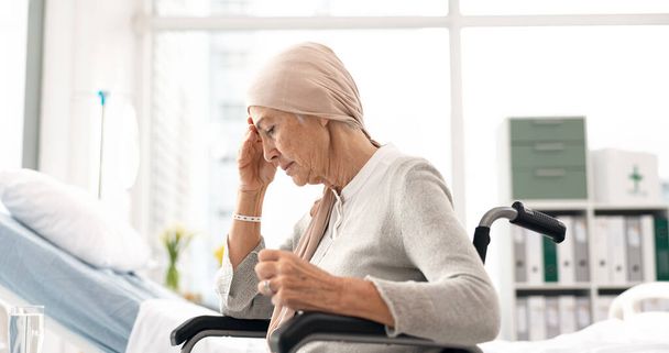 Депрессия, рак и злая пожилая женщина в больнице в инвалидном кресле разочарованы после химиотерапии или лечения. Здоровье, уход за престарелыми и пациентки с инвалидностью, болезнью или болезнью Паркинсона. - Фото, изображение
