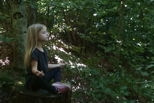 Ragazzina in posizione di loto seduta sul tronco d'albero. Concetto di meditazione forestale. Pace, consapevolezza e relax nella natura. - Foto, immagini