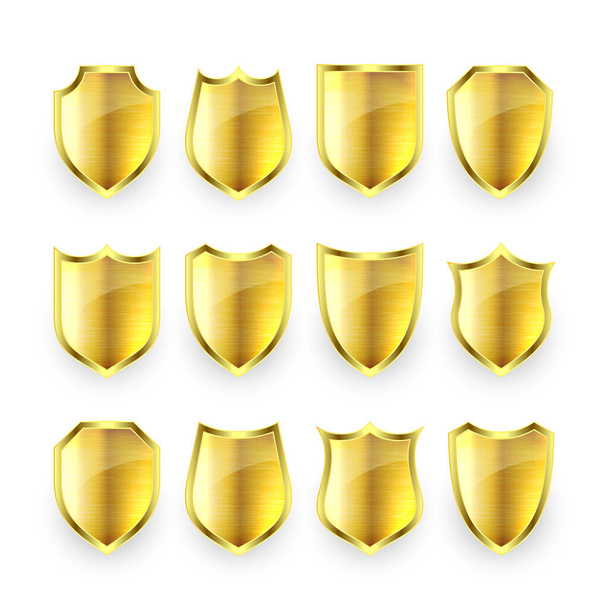 Set di varie icone 3D vintage scudo in metallo. Brillanti scudi araldici dorati. Simbolo di protezione e sicurezza nero, etichetta. Illustrazione vettoriale. - Vettoriali, immagini