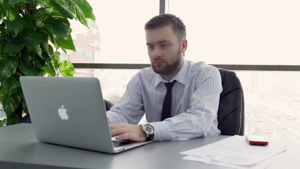 Liikemies työskentelee kannettavan tietokoneen - Materiaali, video