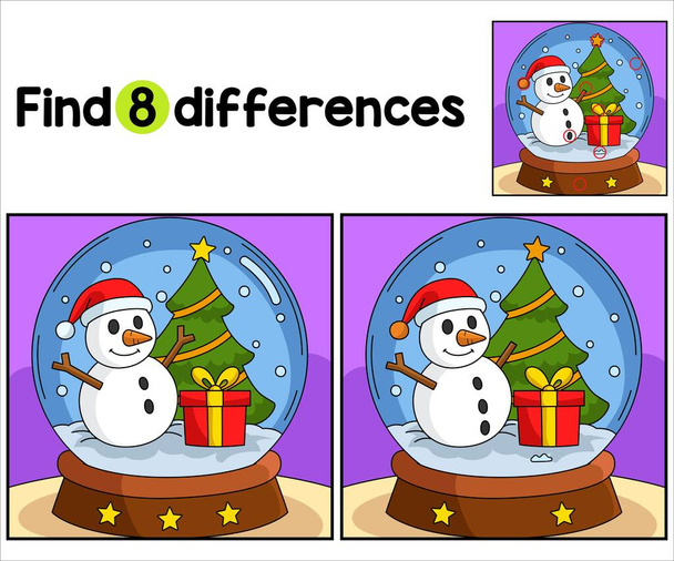 Find or spot the differences on this Christmas Snow Globe kids activity page. A funny and educational puzzle-matching game for children. - Vector, Image