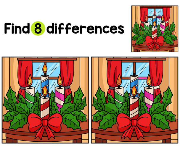 Finden oder finden Sie die Unterschiede auf dieser Weihnachtskerze Kinder Aktivitätsseite. Ein lustiges und lehrreiches Puzzlespiel für Kinder. - Vektor, Bild