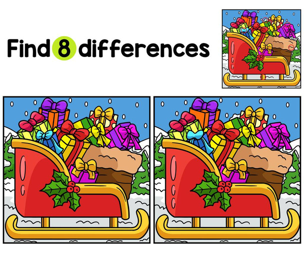 Find or spot the differences on this Christmas Sleigh Kids activity page. A funny and educational puzzle-matching game for children. - Vector, Image