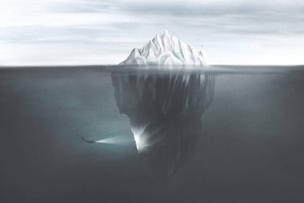 ilustración del buceador con antorcha que ilumina el lado oscuro del iceberg bajo el agua, concepto de mente surrealista - Foto, Imagen