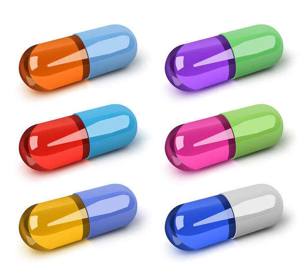 Wektor realistyczne kapsułki tabletki izolowane na białym tle. Kapsułki wektorowe 3d o różnych kolorach - Wektor, obraz