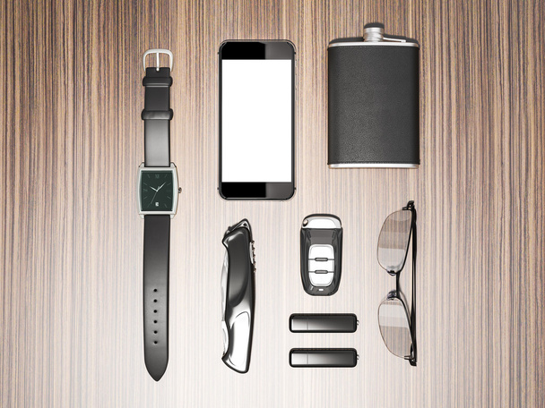 Every day carry man items collection: glasses, usb, keys, watches,flask.   - Фото, зображення