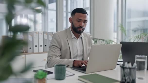 Business, thinking and man with a laptop, office and accounting with connection, research and typing. Person, employee and consultant with a pc, professional and search internet with software update. - Footage, Video