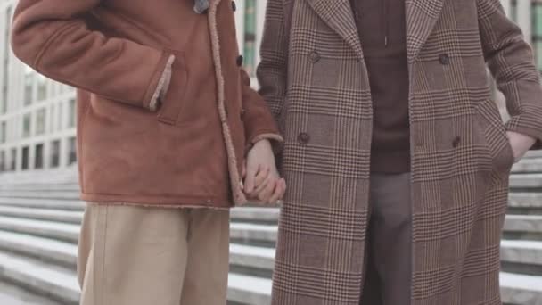 Inclinarse lentitud de cariñoso caucásico gay pareja cogido de la mano mientras se calienta uno al otro en frío invierno día - Metraje, vídeo