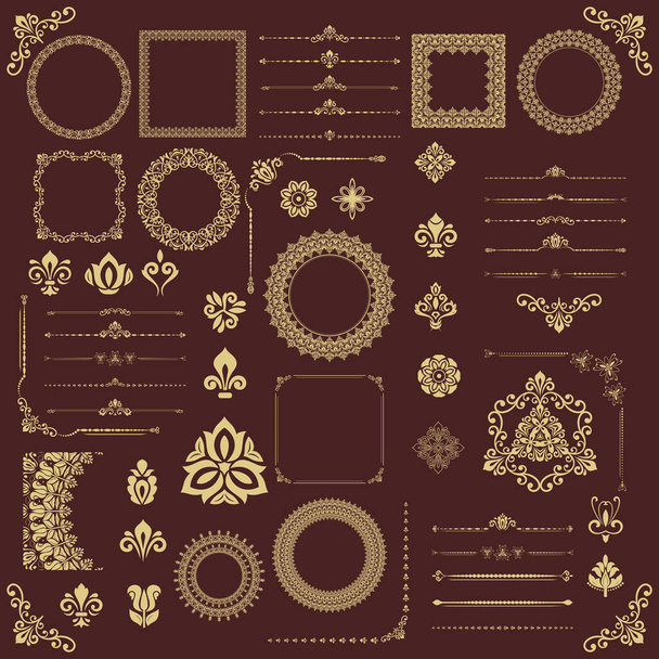 Vintage set of vector golden horizontal, square and round elements. Elements for backgrounds and frames. Classic patterns. Set of vintage patterns - Vector, Image